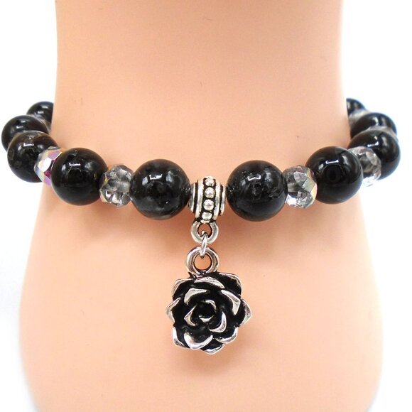 BLACK TOURMALINE Beaded Stretch Bracelet, Handmade Tourmaline Bracelet - Picture 2 of 3